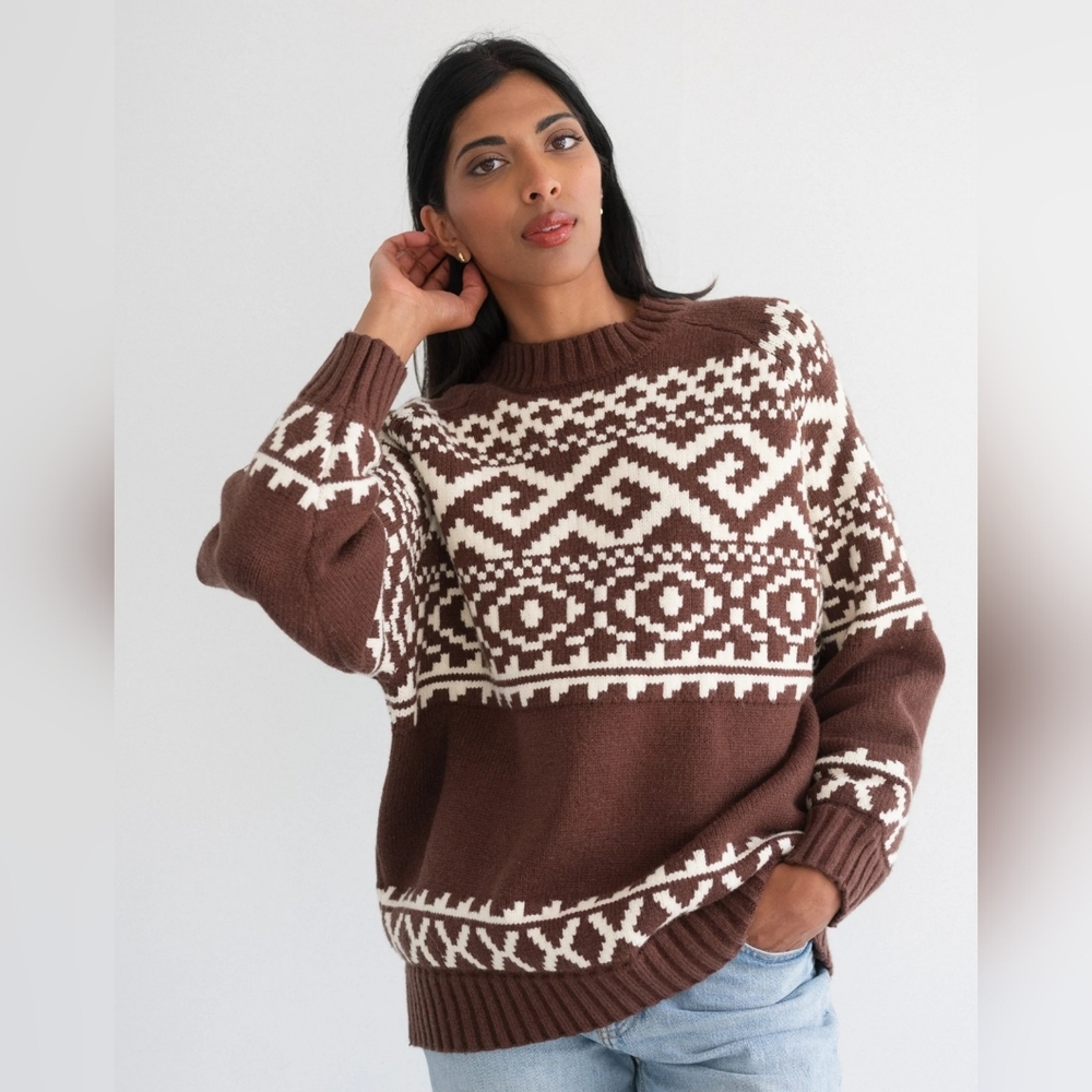 NWOT Brunette The Label Chestnut Brown Fair Isle Sweater S/M - Picture 2 of 7